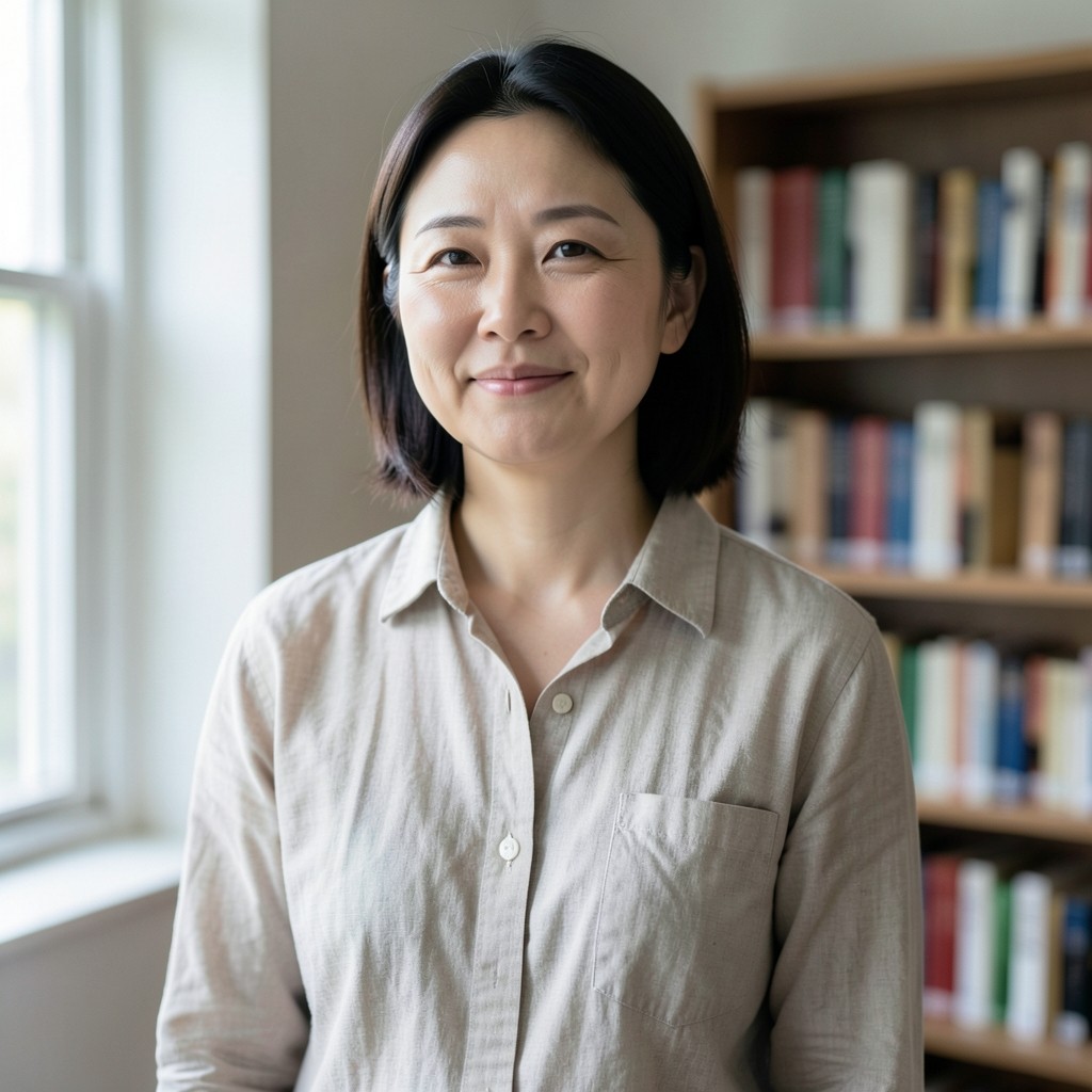 Portrait of Haeun Cho in the reading room, linen shirt, window light, calm expression