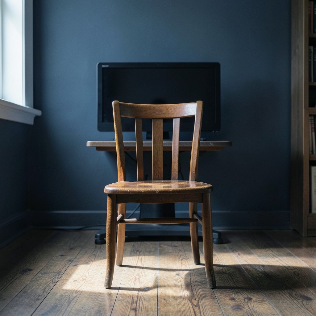 A wooden chair facing a dark monitor in a still reading room, photographed straight on