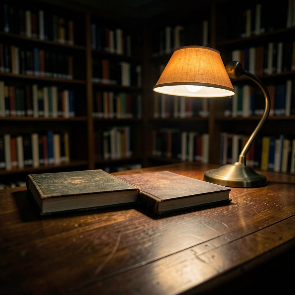 An evening library desk with two closed notebooks and a lamp, photographed at a low angle