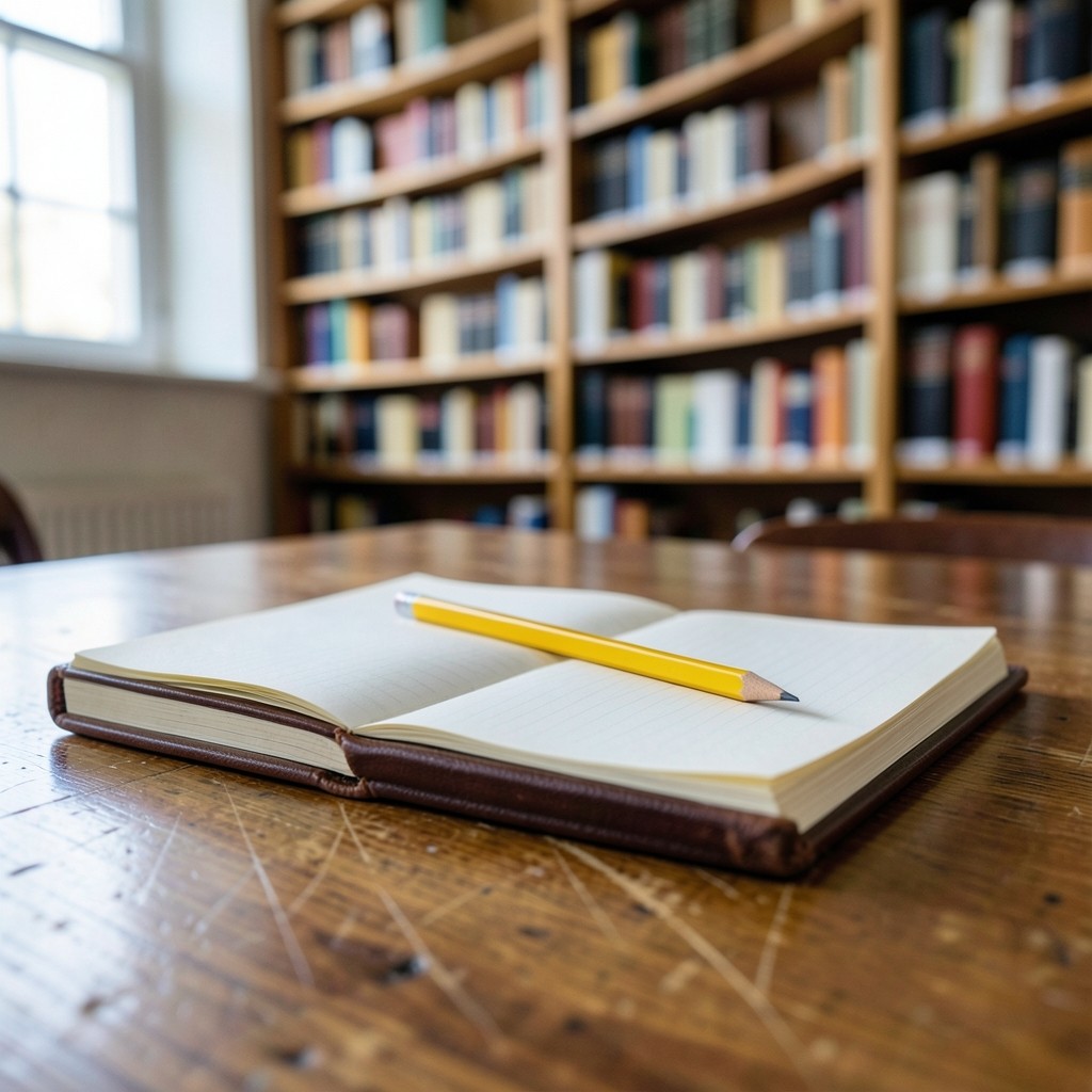 A yellow pencil resting on a blank notebook in a library, with bookshelves softly blurred behind