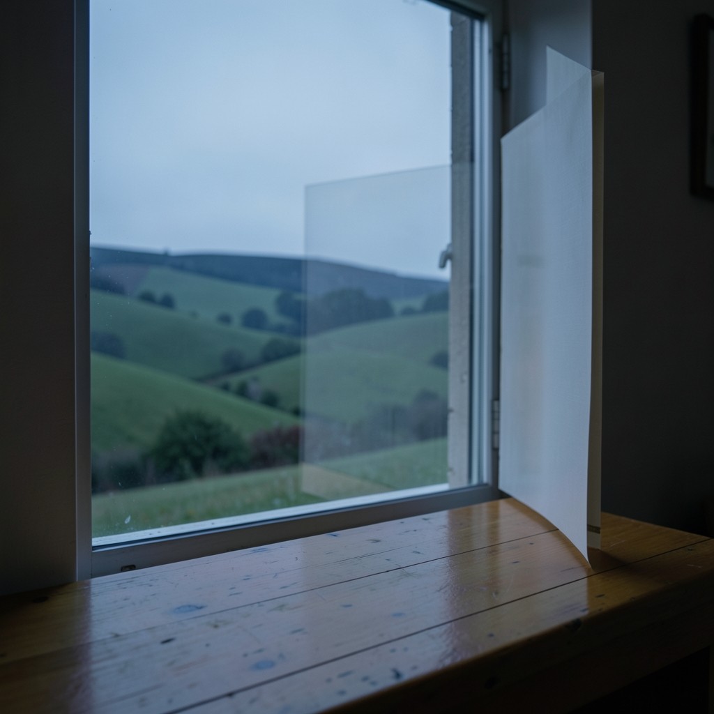 A reading-room window looking toward low hills at dusk, with the edge of a wooden table in the foreground
