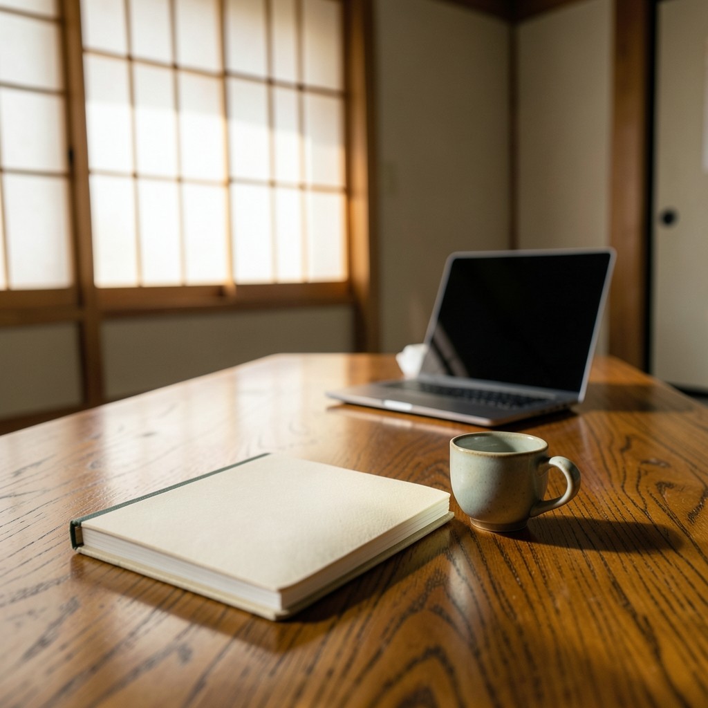 A quiet reading room with a wooden table, a blank notebook, a tea cup, and a laptop turned so the screen stays unreadable