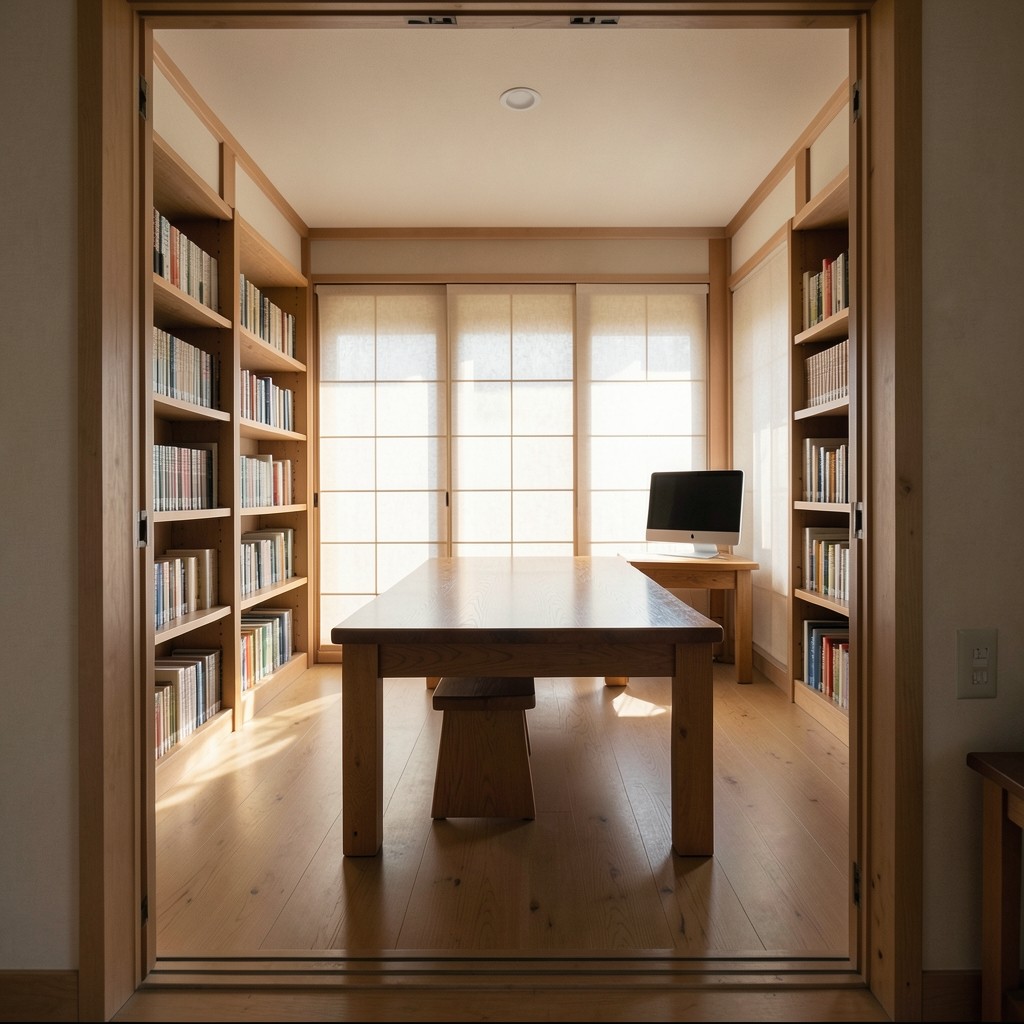 Doorway view of a small library room with low shelves, a long oak table, and a monitor that is switched off