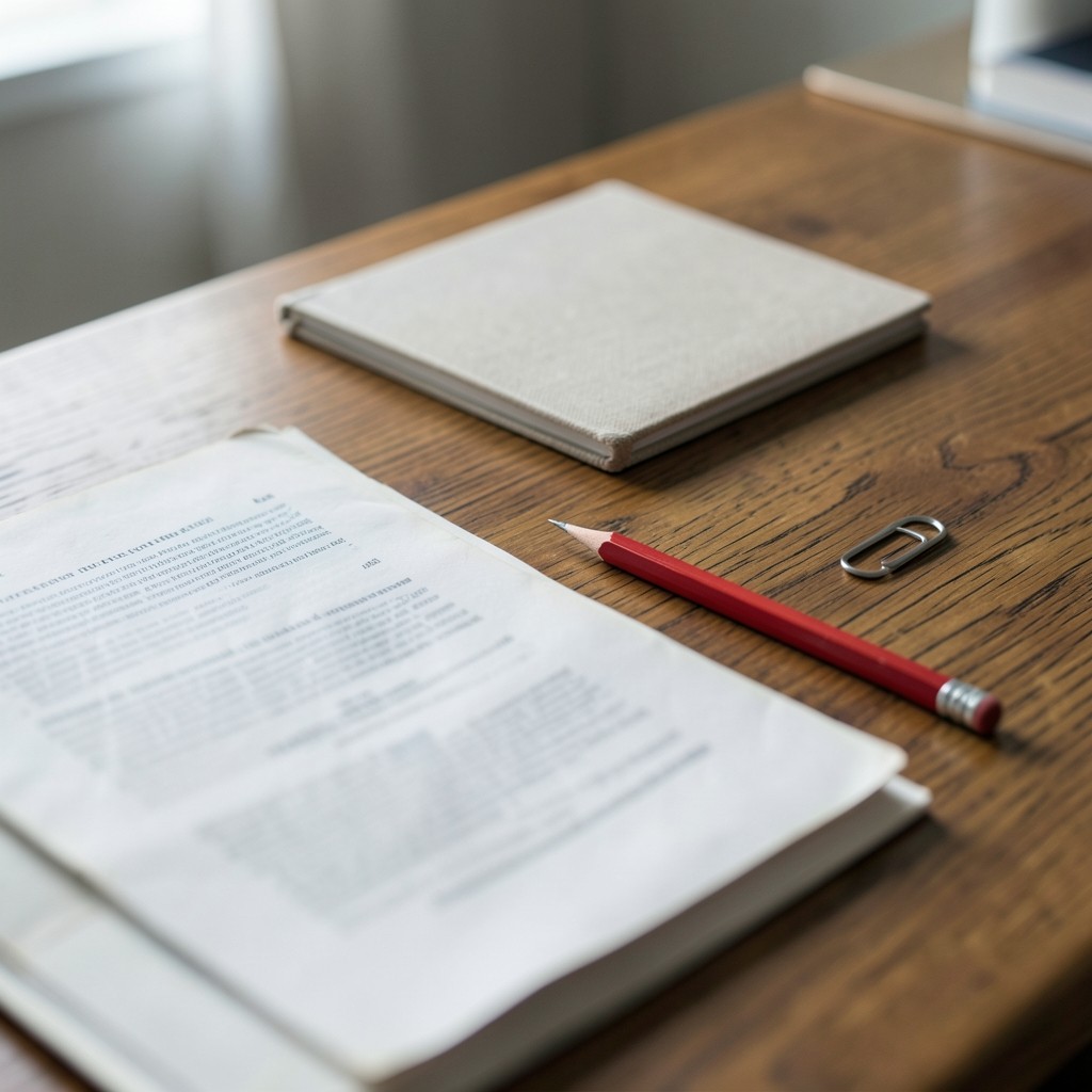 Overhead view of a desk with out-of-focus printed pages, a red pencil, and a closed notebook in soft window light