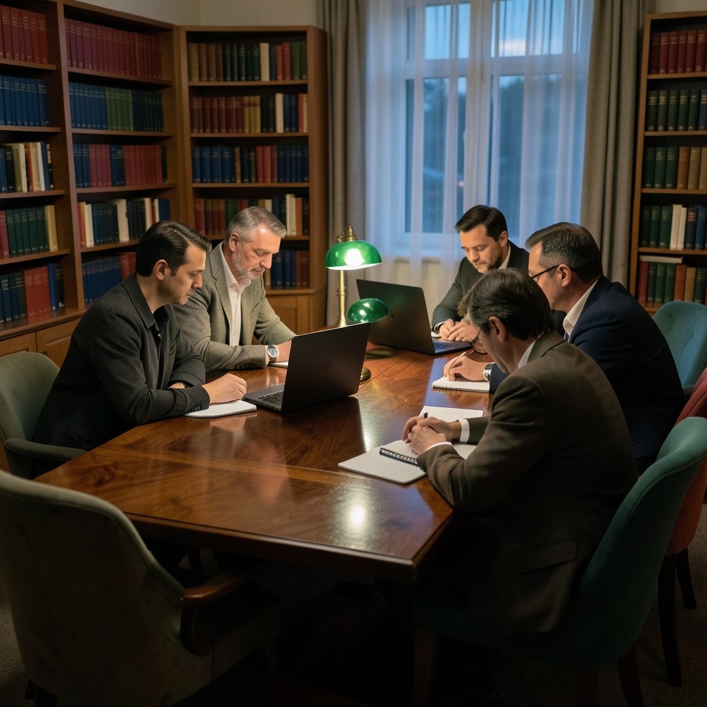 A small evening reading circle around a long library table with notebooks and laptops turned away from the camera