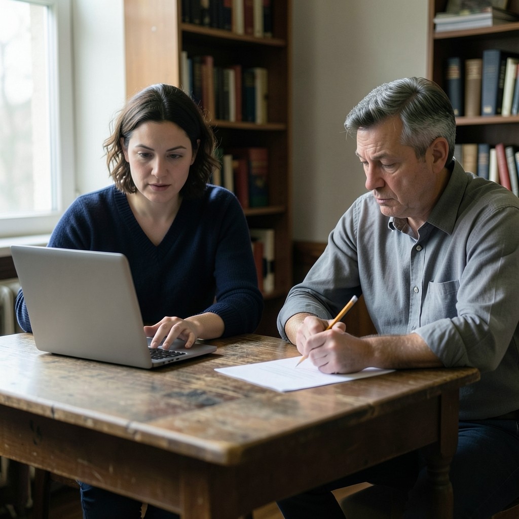 Two adults at a wooden library desk, one pointing toward a blurred laptop while the other holds a pencil over blank paper